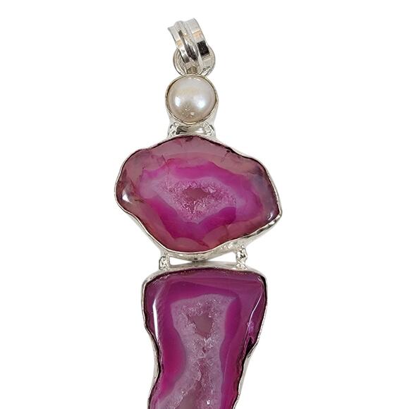 Handmade Silver Pendant with Pink Agate Slices and Freshwater Pearl - Picture 1 of 10